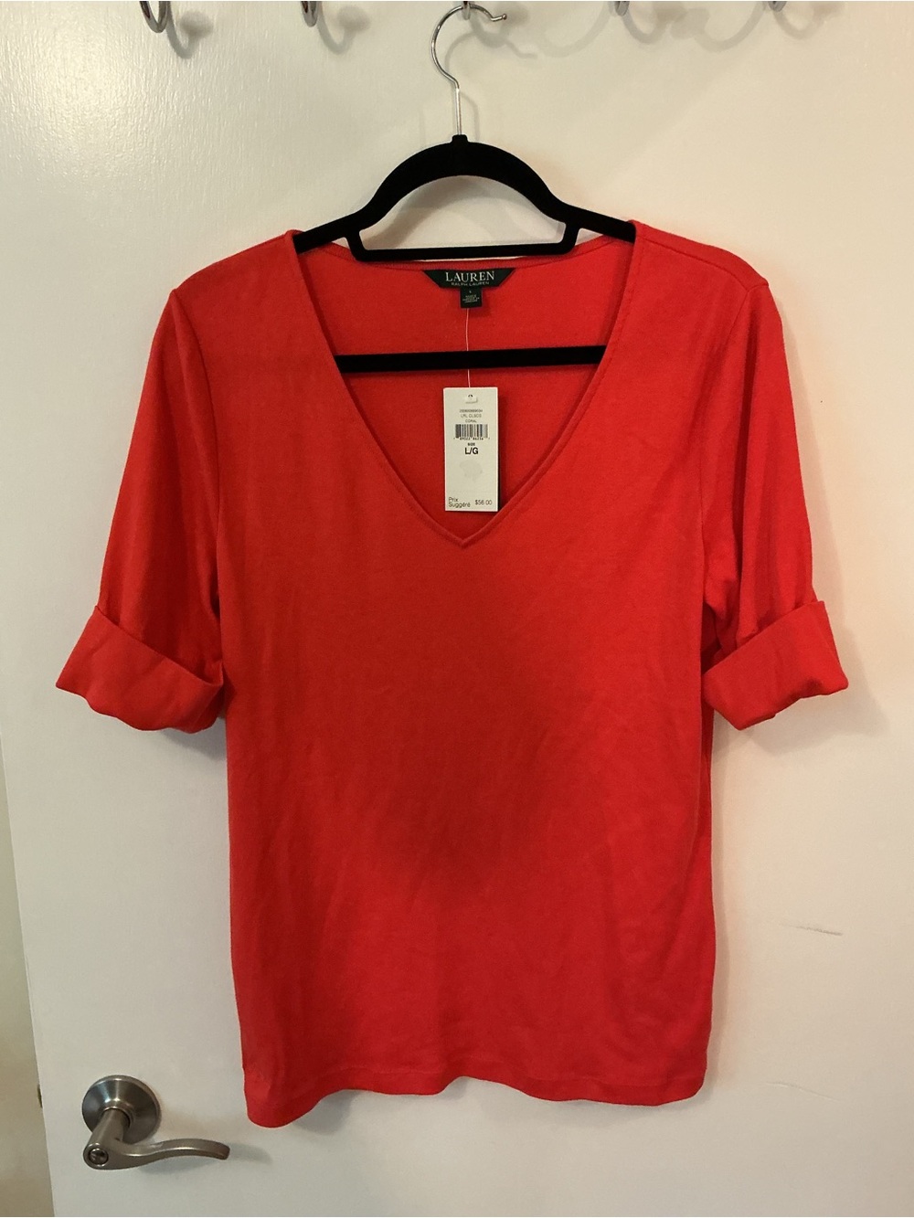 Lauren Ralph Lauren Coral-Red V-Neck Roll-Sleeve Tee